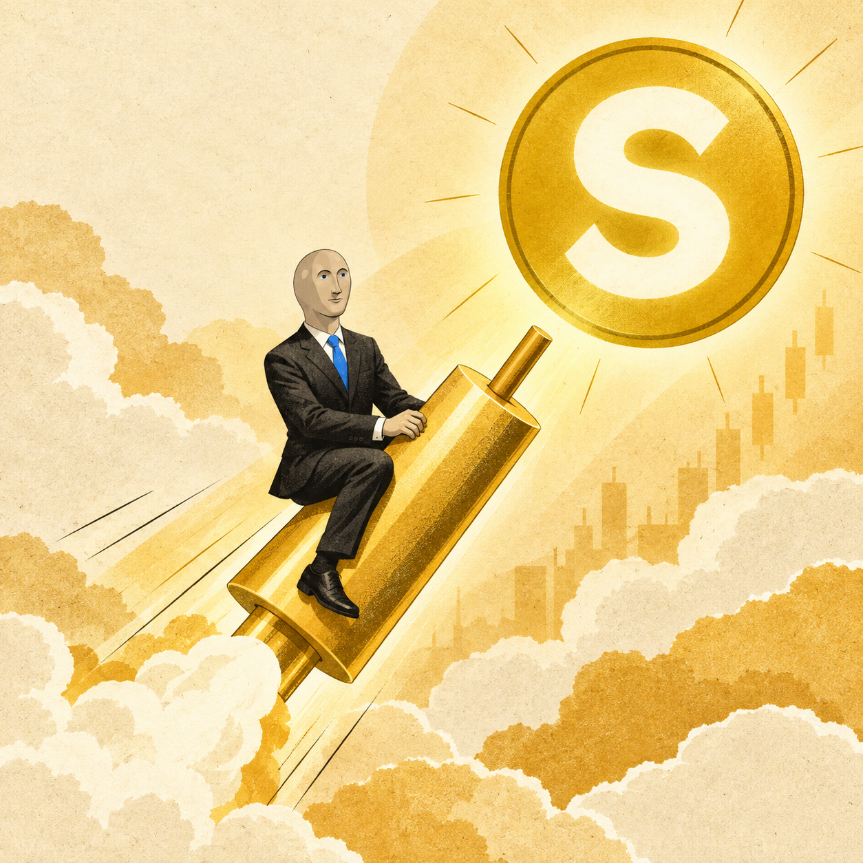 The Stonk Coin man launching along an impossible gold candle