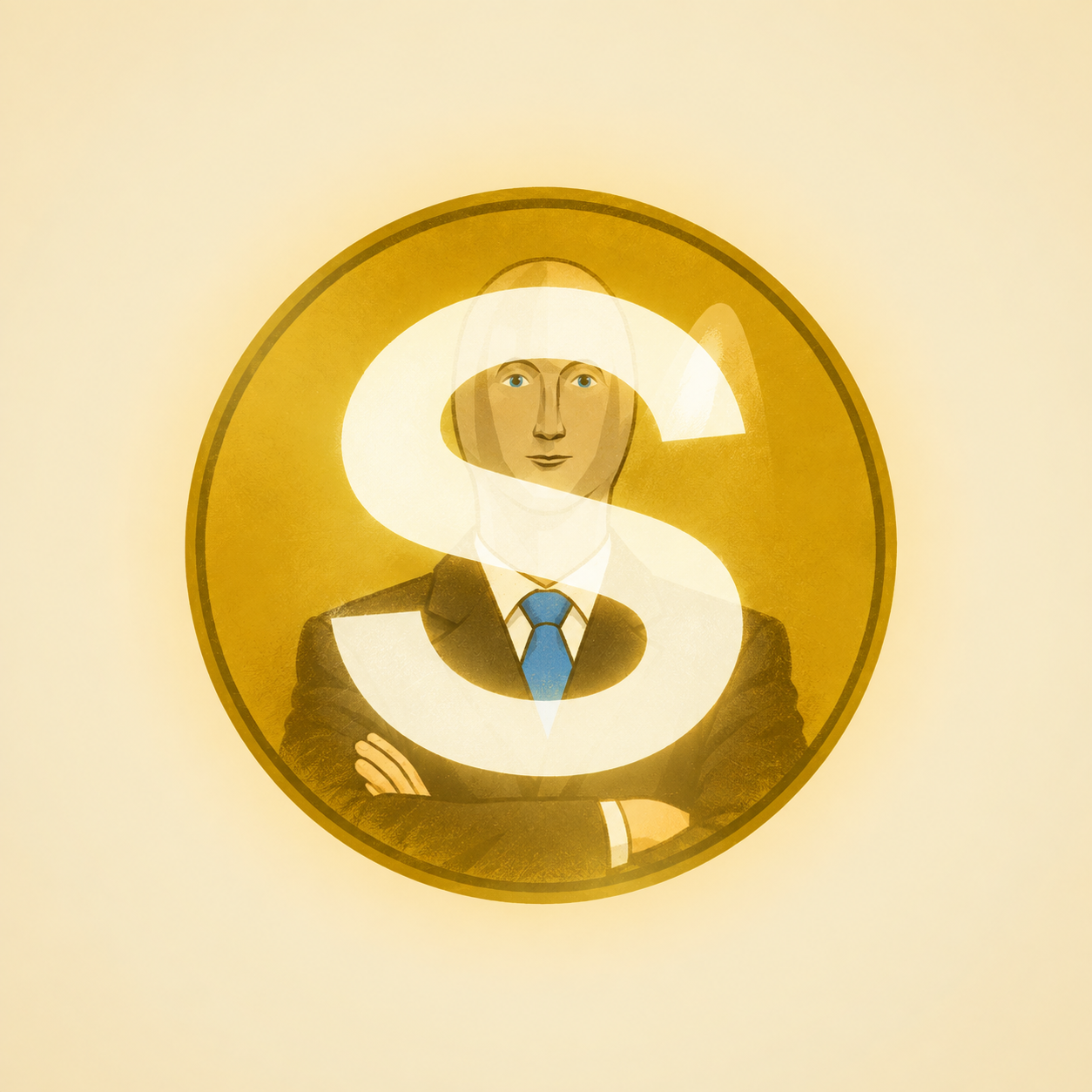 A gold S coin featuring the calm Stonk Coin market man